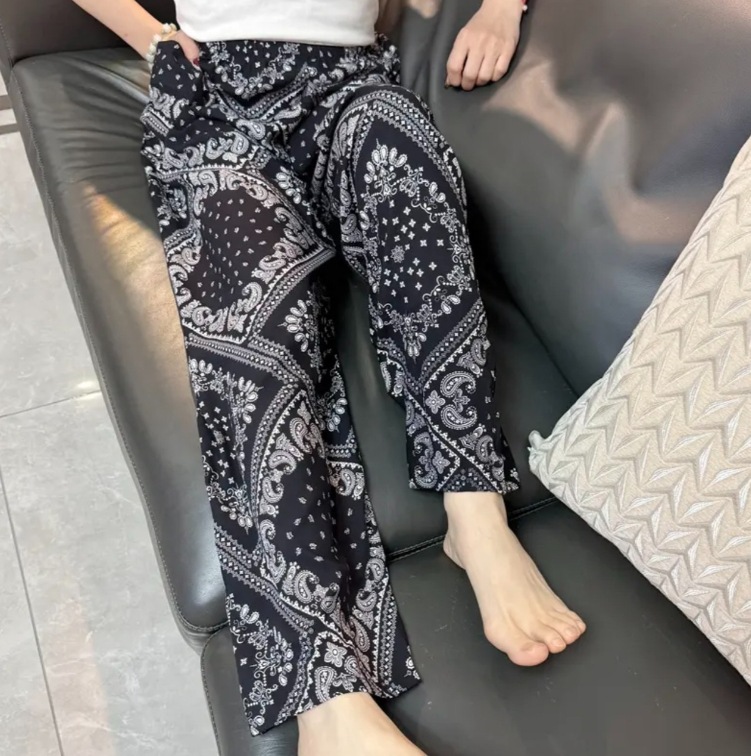 [Pantalones rectos de seda de algodón] El verano delgado de las mujeres es delgado, recto, suelto, se puede usar, protector solar, frío, pantalones de casa, pantalones de pijama
