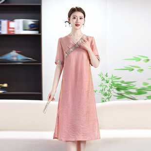 New Chinese Style Summer Dress for Mothers, National Style Dress, New Middle-Aged and Elderly Women's Summer Short-Sleeved V Neck Improved Cheongsam Skirt