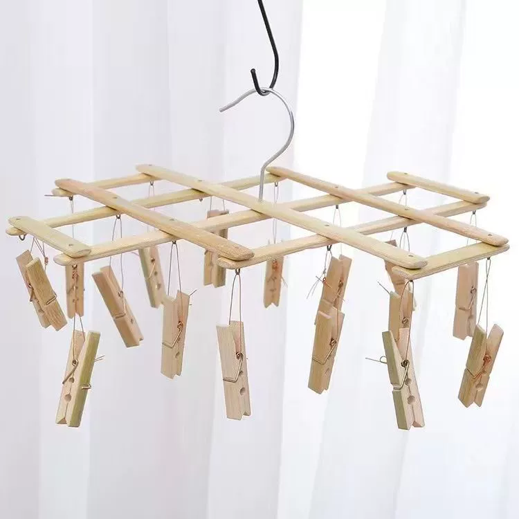Универсальная ветрозащитная и нескользящая складная вешалка для брюк из бамбука с 16 зажимами для сушилки для нижнего белья и одежды.
