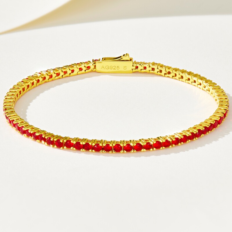 925 Silver Gold-Plated 3-Point Diamond Tennis Bracelet Inlaid with 5A High-Carbon Diamond, Ruby, and Zircon Jewelry for Women, Light Luxury and High-End Feel