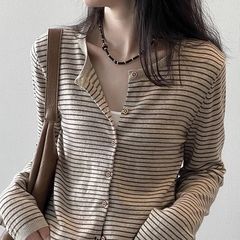 春秋新款条纹针织开衫外套女设计感小众上衣外搭薄款圆领长袖毛衣