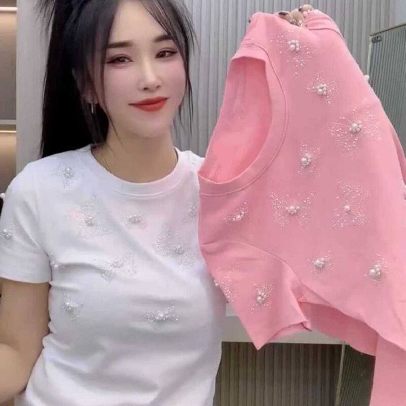 Plus Size Butterfly Diamond Design Short-Sleeved T-Shirt for Women Spring and Summer 2025 New Loose Slimming Look and Flesh-Covering Fashion Top Plus Size Butterfly Diamond Design Short-Sleeved T-Shirt for Women Spring and Summer 2025 New Loose Slimming Look and Flesh-Covering Fashion Top