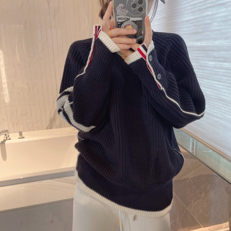 New Autumn and Winter Style Four-Bar Striped Thick Woolen Round-Neck Long-Sleeved Sweater for Women