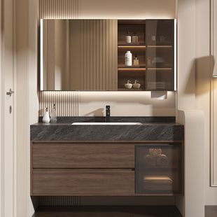 Custom-Made Vintage-Style Walnut Bathroom Cabinet with Seamless Integrated Rock Slab Basin and Ceramic Washbasin for Cross-Border Trade