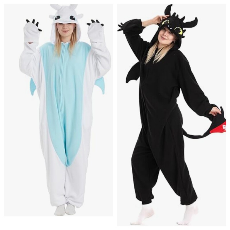 Couple's Fleece Onesie Pajamas, How to Train Your Dragon Cartoon Animal Performance Costumes, Black Dragon and White Dragon