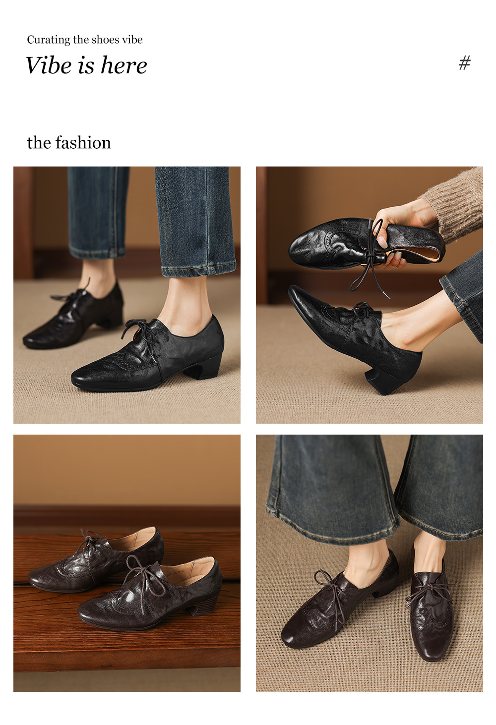 Giày loafer nữ da cừu buộc dây phong cách vintage, gót thấp vuông — màu nâu chi tiết 2