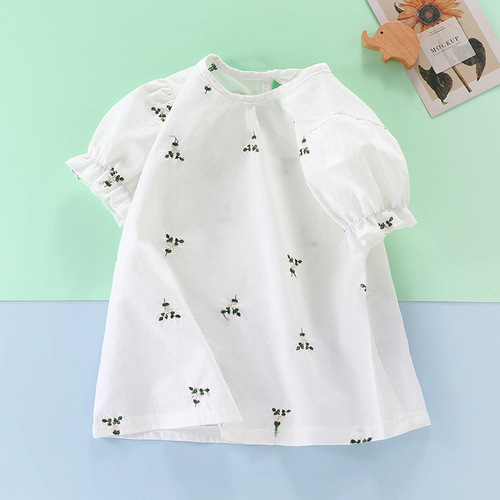 Girls' T-shirt Summer Outfit 2024 New Girl Baby Korean Style Half Sleeve Trendy Bouquet Sleeve Children Pure Cotton Base Top