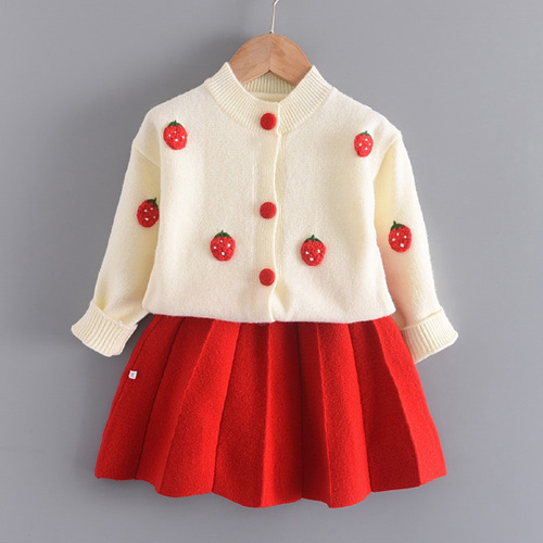 Children's sweater skirt cardigan cross-border autumn and winter new Korean version cartoon fruit picture baby girl two-piece suit sweater