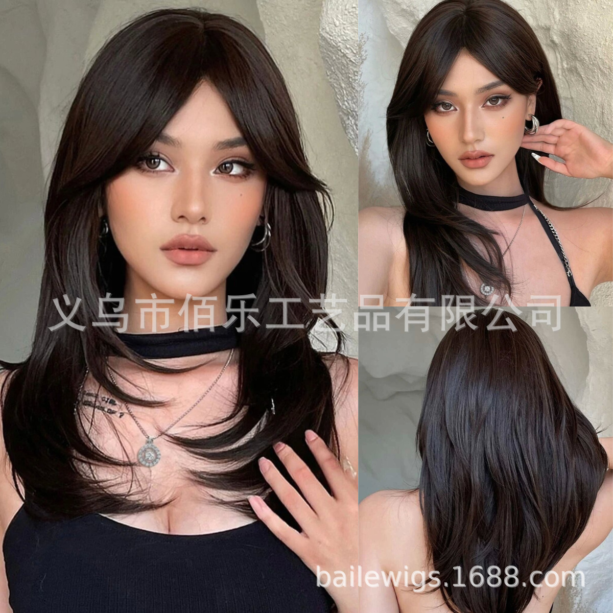 Nuevo negro Rosa flequillo larga recta gradiente de pelo fibra química SEDA NATURAL peluca femenina tocados pelucas fabricante en stock image 28