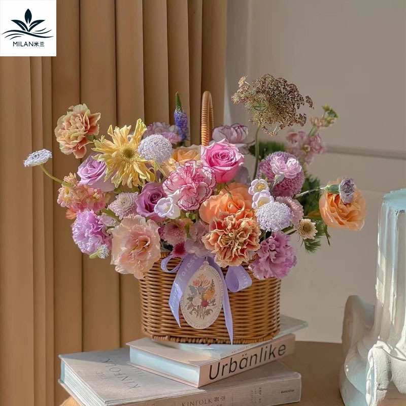 Cesta de hierro tejida a mano para el día del maestro, cesta de flores de mano de ratán de estilo pastoral retro, cesta de arreglo floral para salón, bricolaje