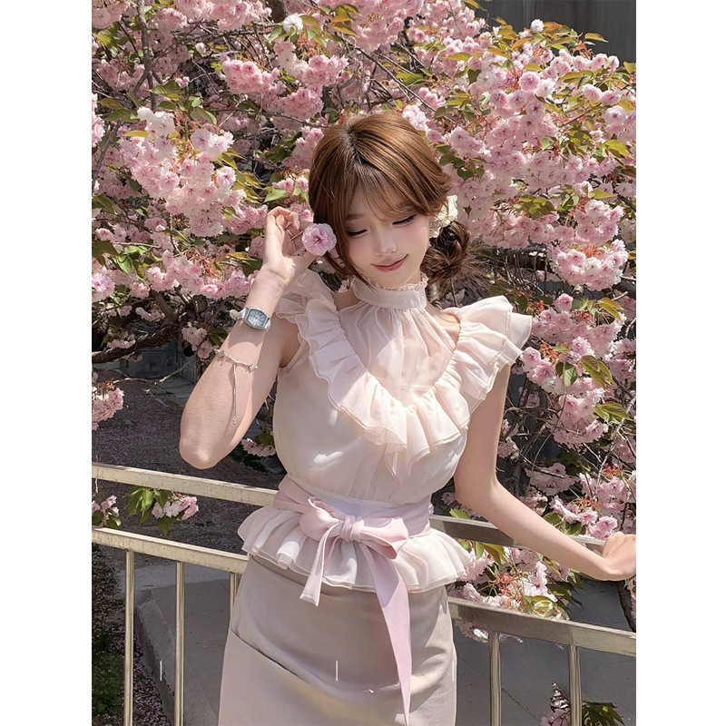 2025 Sweet Girl 2点セット レディース Pure Desire フリルリボンストラップトップ ウエスト痩身ショートスカートスーツ|undefined