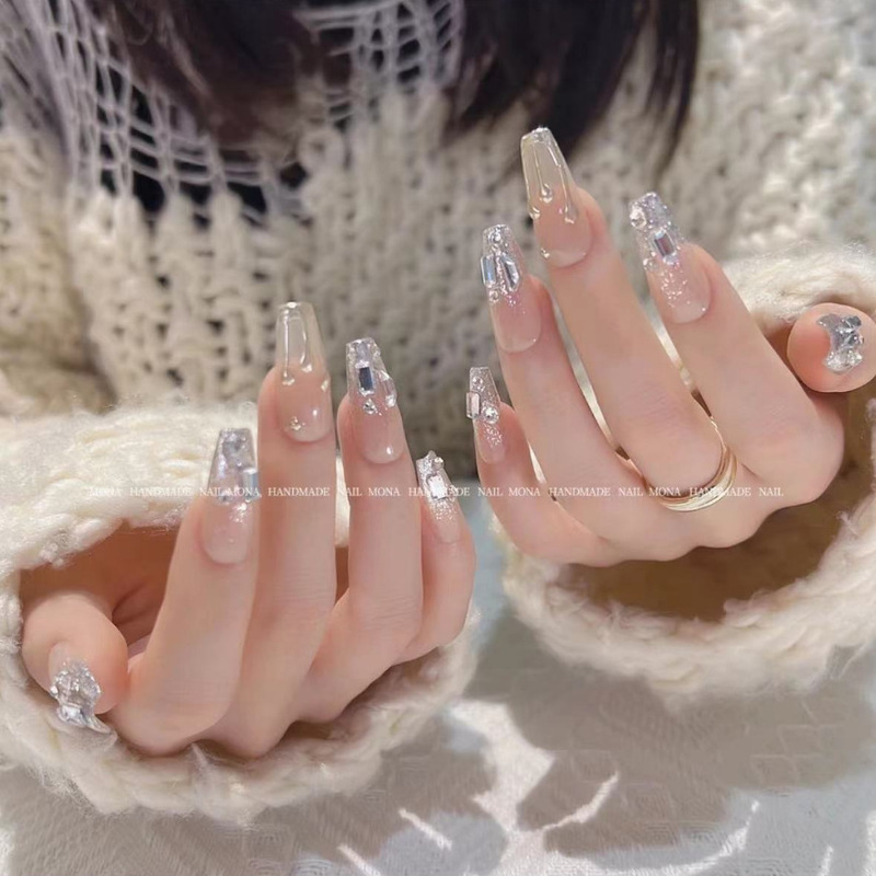 Handmade wear nail ice transparent nude color pure desire style nail patch wholesale full diamond flash hand painted fake nail White Handmade wear nail ice transparent nude color pure desire style nail patch wholesale full diamond flash hand painted fake nail White