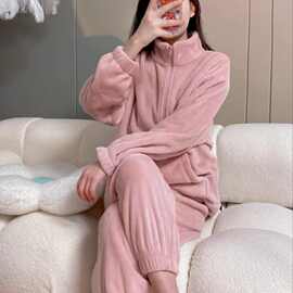 2024秋冬新款暖暖套装女加厚保暖家居服套装休闲睡衣女拉链运动外