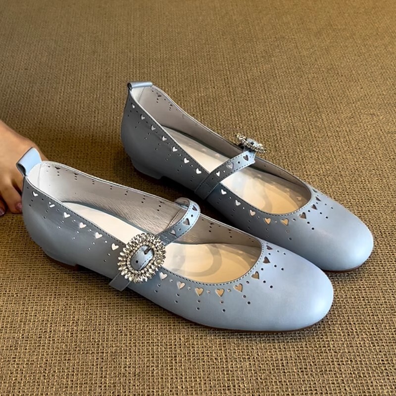 Sheepskin Version! Sweet Heart-Shaped Hollow-Out Mary Jane Shoes with Rhinestone Straps, Round Toe, Shallow Mouth, Ballet Style (Tax Not Included)