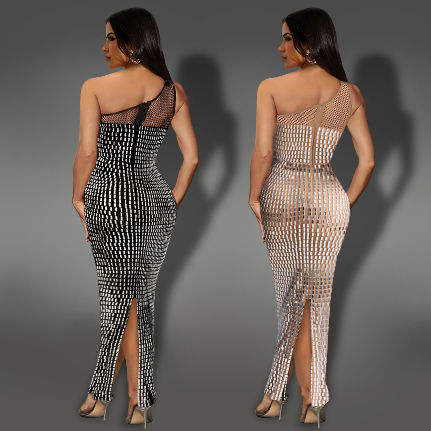 C7422 Cross-border AliExpress Amazon Ropa de mujer de moda europea y americana Vestido sin mangas con hombros inclinados de diamantes calientes de malla sexy image 3