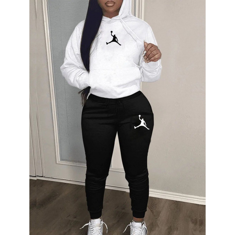 2024 Cross-Border Casual Foreign Trade Hooded Sweatshirt and Sweatpants Suit Basketball Humanoid Print Two-Piece Suit Women's Ready Stock