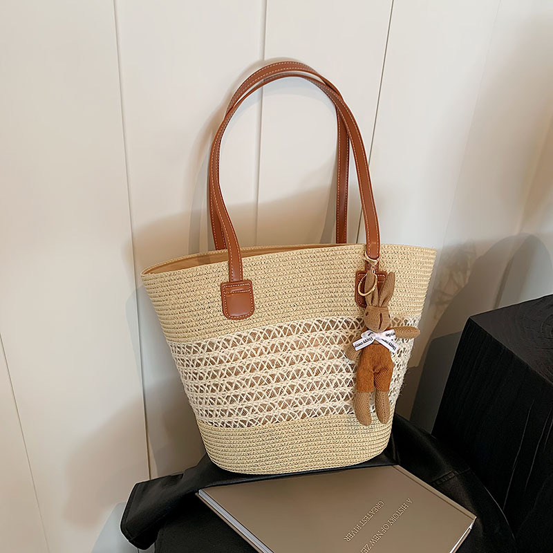 Summer Trendy Vacation Style Woven Straw Basket Bag For Women - Fashionable Versatile Shoulder Bucket Bag For Beach & Commuting - Thumbnail 7