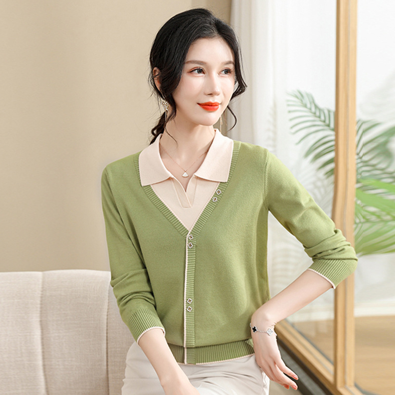 时尚假两件妈妈装春秋上衣中老年女装春季新款翻领长袖针织衫T恤，女装针织衫/毛衣，妃慕昵服饰