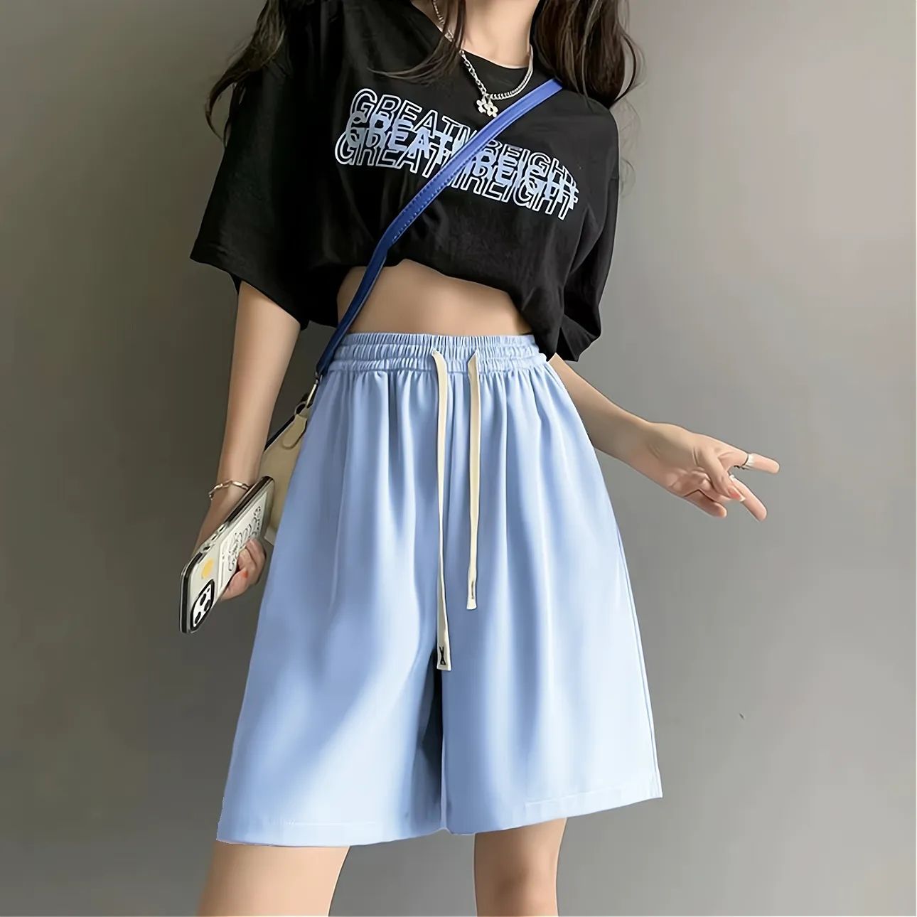 Women's Summer Thin Sports Shorts with Loose Fit, Casual High-Waisted Korean Style, Petite Solid Color Drawstring Knee-Length Shorts