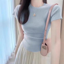 纯欲风蓝色冰丝针织短袖t恤女夏季修身打底衫辣妹短款小飞袖上衣