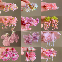 度假风粉色米珠花朵珍珠流苏耳环少女氛围感耳钉波西米亚甜美耳饰