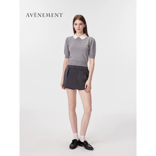 AVENEMENT娃娃领短袖针织上衣羊毛混纺撞色修身收腰短款针织衫女