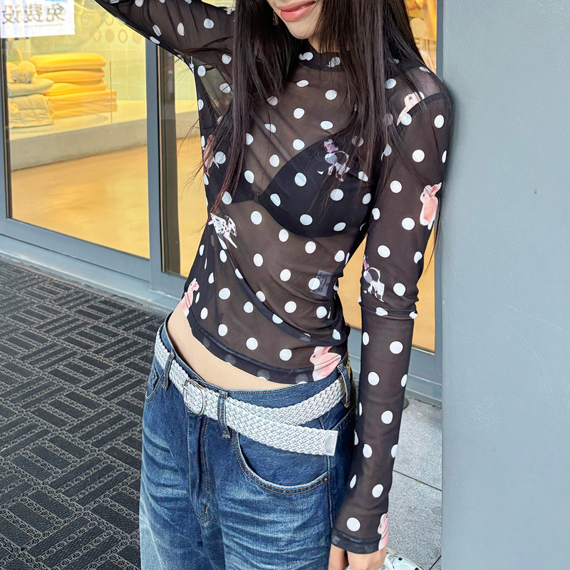 Cross-Border European and American Style 2025 New Autum Women's Design Polka Dot Animal Print Mesh See-Through Long-Sleeved T-Shirt