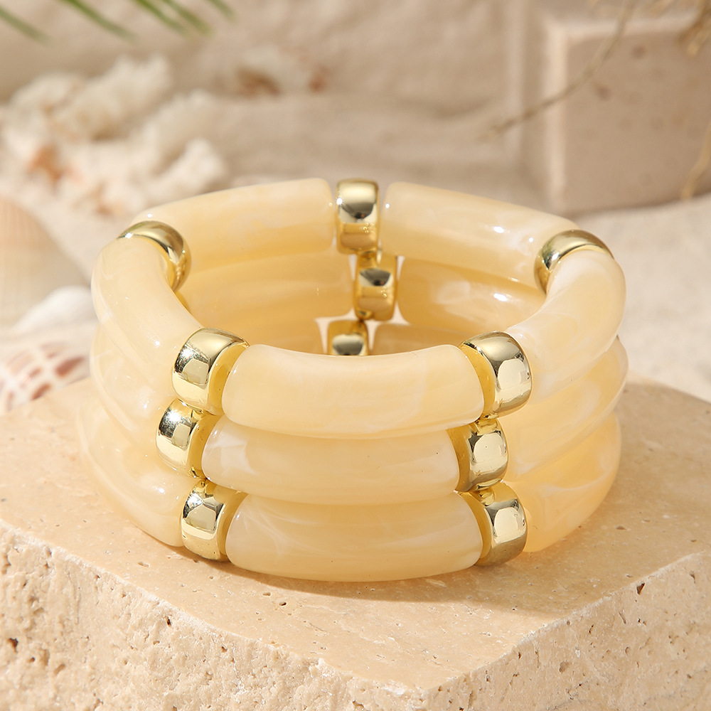 Nuevos productos transfronterizos retro europeos y estadounidenses de bambú tubo acrílico cuentas pulsera de cuerda elástica multicapa para mujeres 3 piezas de brazalete image 15