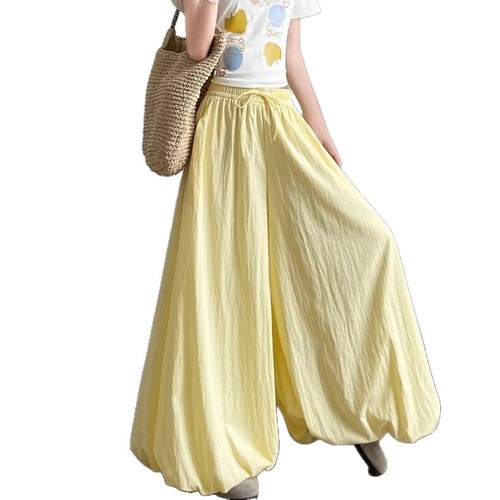 Women's Summer New High-Waisted Loose Slimming Sheer Leggings with Yellow Blossom Skirt, Casual Wide Leg Pants, Trendy