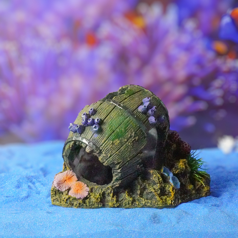 Pecera de venta caliente, acuario, decoración de resina, decoración de la casa de refugio, barril de vino andrajoso, tanque de cría, lugar de desove