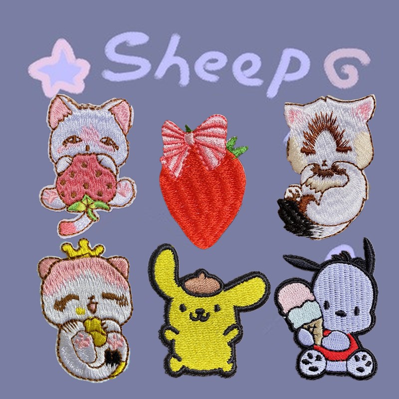 自粘款卡通刺绣草莓猫咪玉桂狗布贴衣服包包破洞装饰贴花修补贴