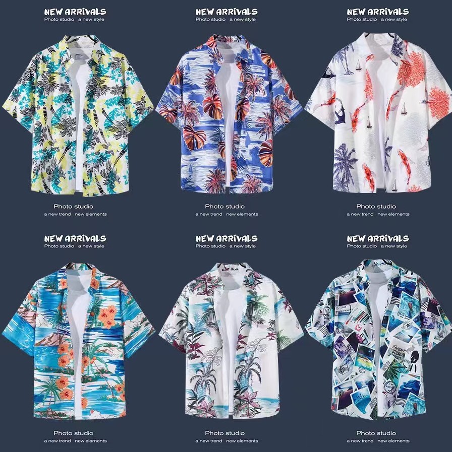 아이스 실크 반팔 꽃 셔츠 세트 남자의 여름 얇은 하와이안 프린트 셔츠 비치 바지 큰 바지 세트 남자