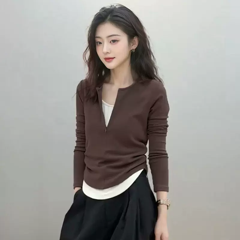 春秋新款拉链款假两件衬衫显瘦气质长袖设计感t恤女士打底衫上衣