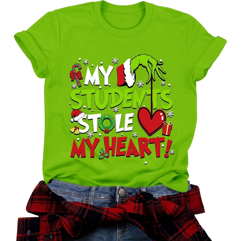 【European Size Cotton T-Shirt】Women's Christmas Shirt My Students Stole My Heart Christmas T-Shirt
