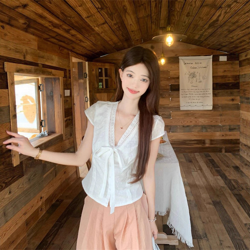 跨境贸易批发温柔蕾丝花边短袖衬衫女夏季甜美蝴蝶结系带收腰小衫|undefined