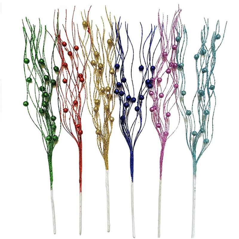 厂家批发圣诞装饰43cm龙须泡人造闪光茎金粉球浆果串珠藤圣诞配件