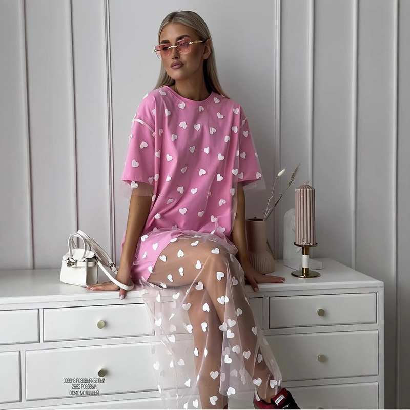 2026 New Cross-Border European and American Style Sexy Women's Long Dress with Heart-Shaped Mesh Patchwork Loose Short-Sleeve T-Shirt Dress