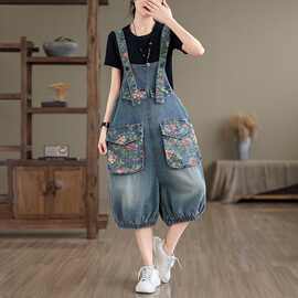 背带裤女夏季宽松大码拼接印花大口袋连体裤显瘦百搭灯笼五分裤