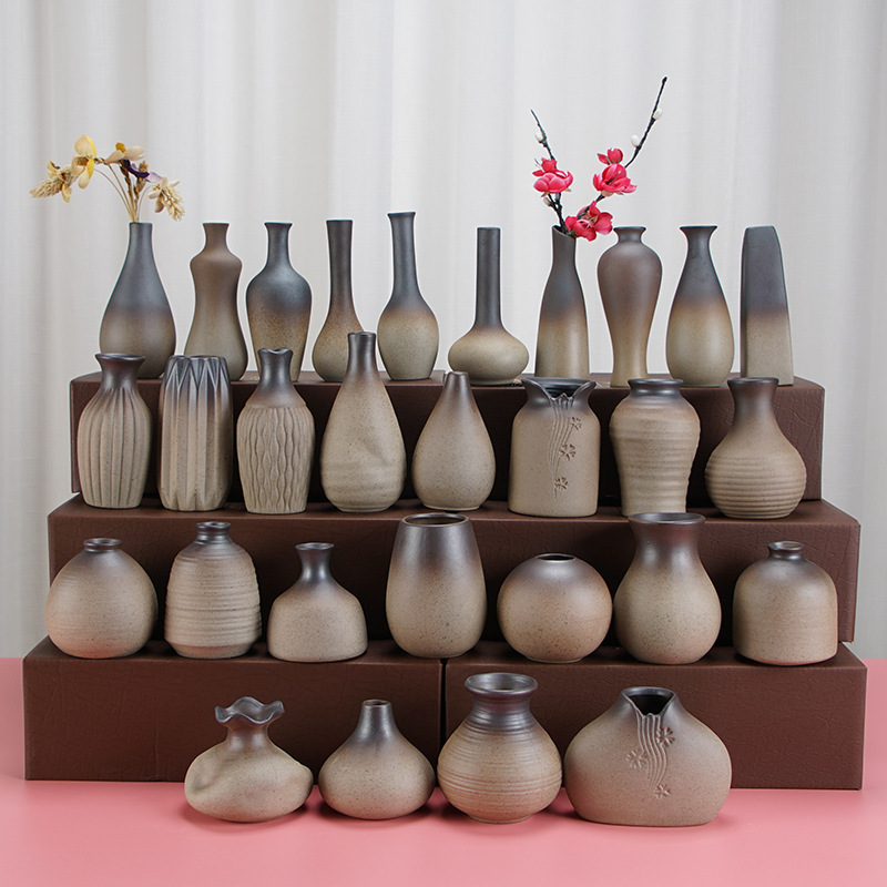 Mini Ceramic Vase, Retro Ceramic Flower Ware, Tea Table Vase, Coarse Pottery Zen Style, Chinese Copper Money Grass, Home Furnishings