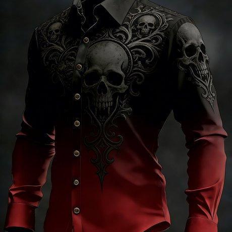 European and American Style Gradient Red and Black Skull and Grass Print Long-Sleeve Shirt for Men, Punk Retro Personality Shirt, Wholesale in Stock