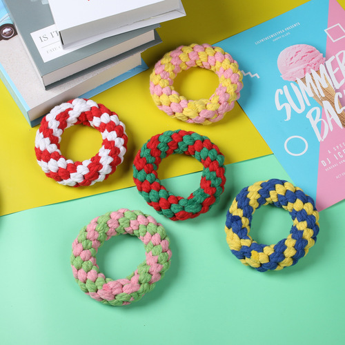 Cross-border new dog toys, hand-woven cotton rope toys, donut puppy dog ​​pet bite-resistant teething toys