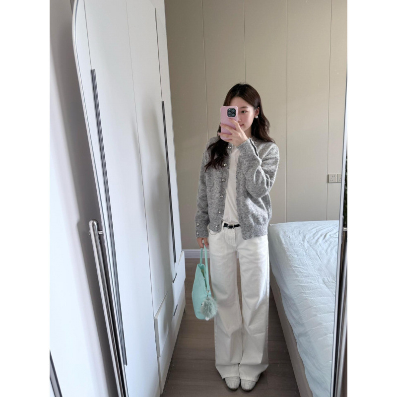 miu系穿搭毛衣外套女早秋镶钻设计感针织开衫慵懒风软糯灰色上衣|undefined