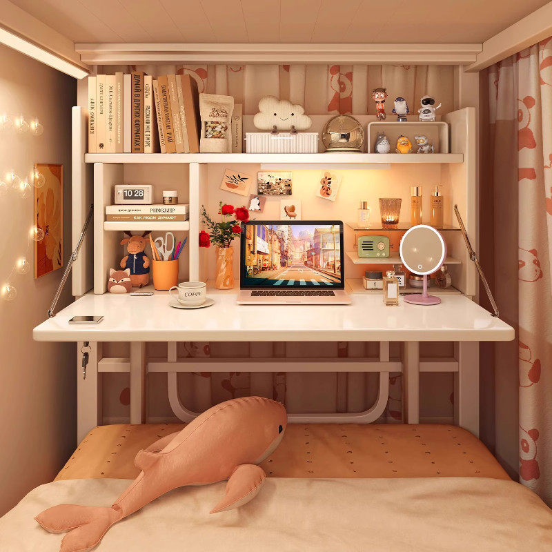 Dormitory bed table, student computer desk, foldable student desk with bookshelf, integrated table for bunk beds, suspended study table