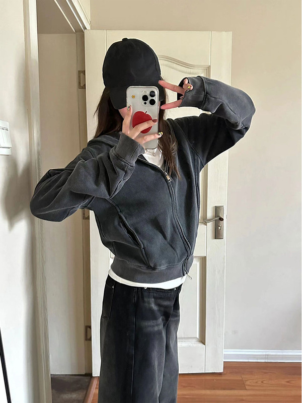 美式复古短款卫衣女春秋款2025新款秋加厚慵懒风开衫外套潮|undefined