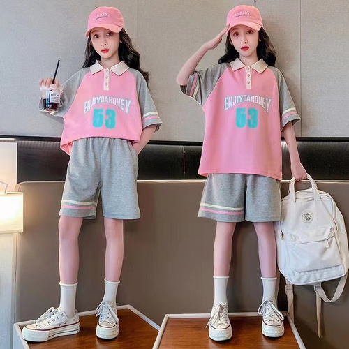 Girls short-sleeved suit summer  new style Western-style Korean style sports and leisure children's summer two-piece set for middle-aged and older children