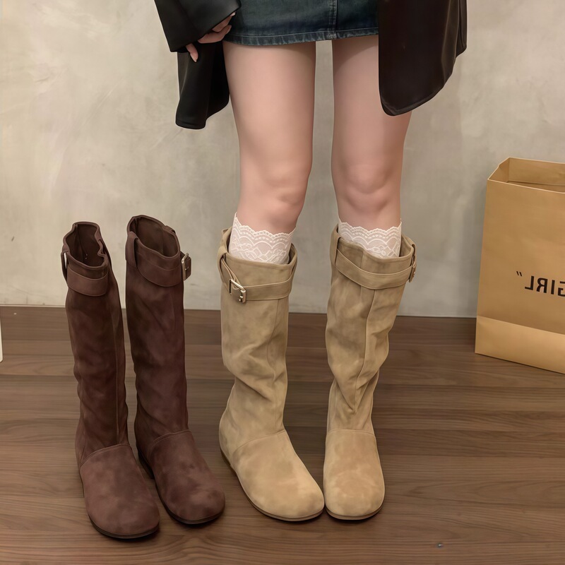 Chuyuji French retro round-toe stacked boots, flat-soled, below-the-knee long boots, 2026 new style, pleated and versatile Chuyuji French retro round-toe stacked boots, flat-soled, below-the-knee long boots, 2026 new style, pleated and versatile