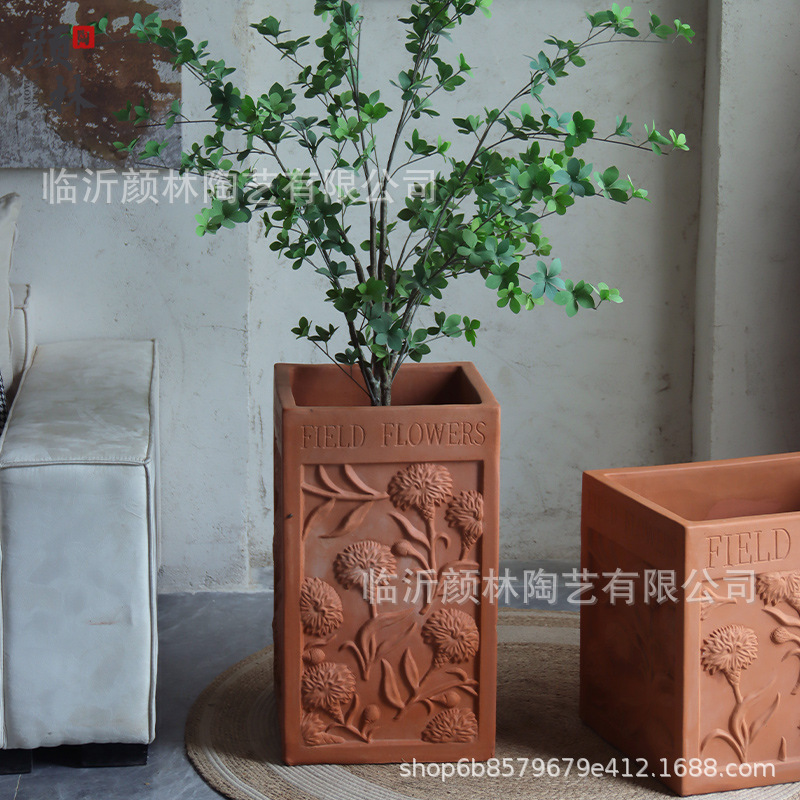Caja de flores de cerámica roja gran estilo americano cuadrado en relieve maceta de cerámica gruesa pastoral viento plantación de árboles maceta paisajismo maceta transpirable