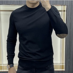 【秋冬新品】半高襟の男性海島綿の丸首の肘に長袖のtシャツを貼ります。