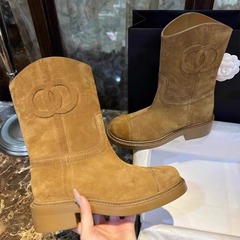 本革レトロ小香風ミディアムブーツ西部デニムブーツ女性秋冬新作太さと厚い底の丸いショートブーツ女性靴