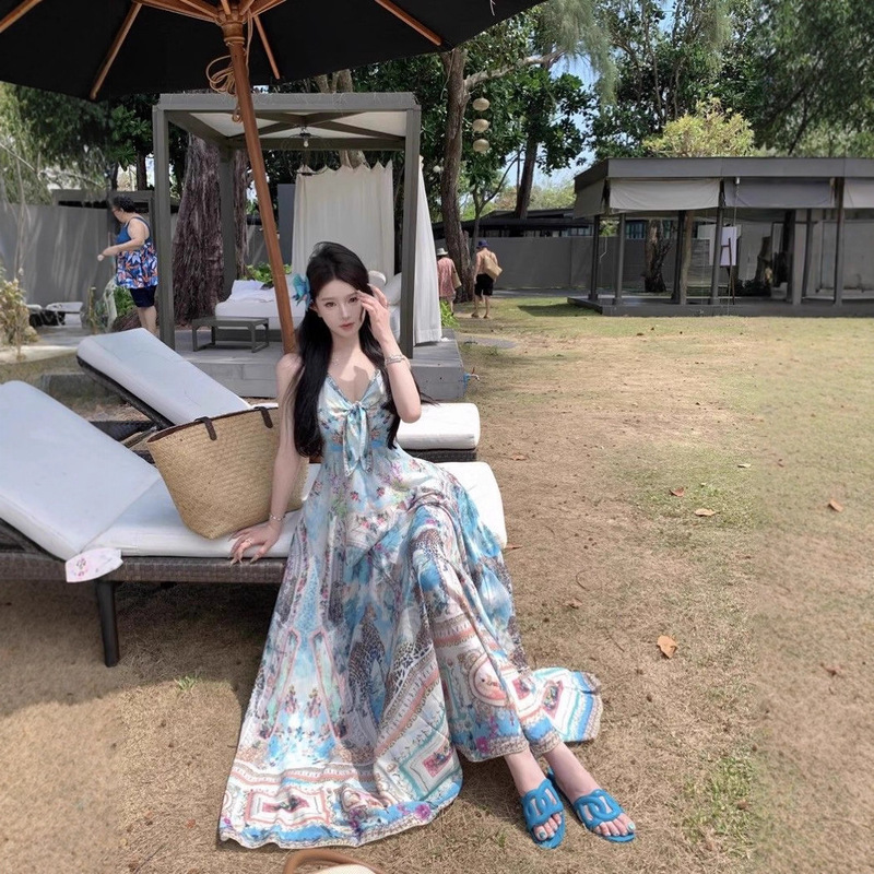 波西米亚风v领吊带连衣裙女夏季度假裙宽松长裙气质高腰大摆裙子|undefined